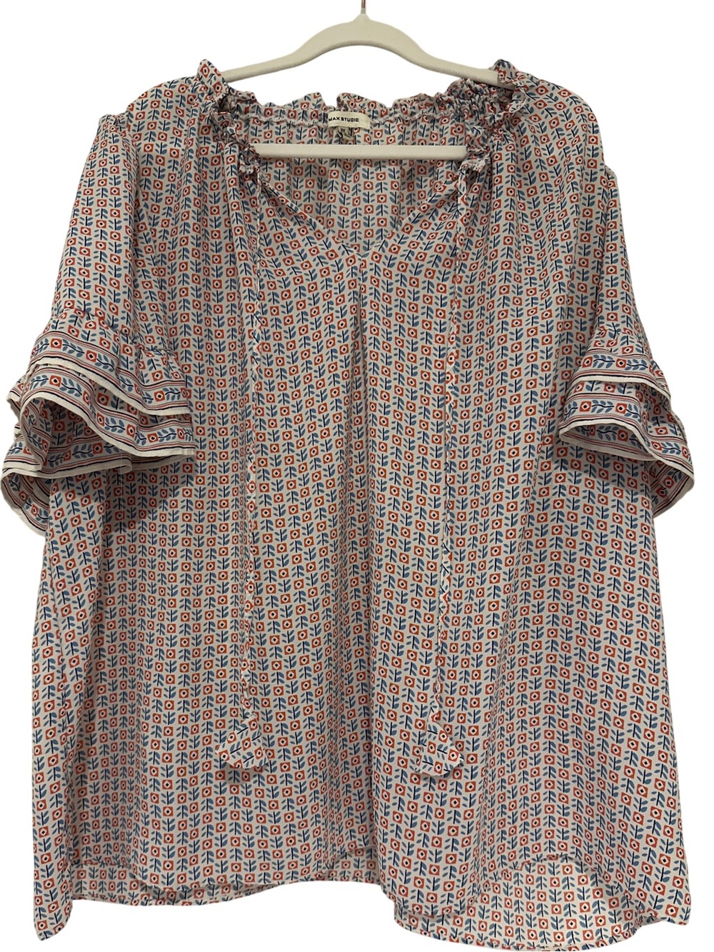 Max Studio Multi-Print V-Neck Peasant Blouse with Double Ruffle sleeves, 3X